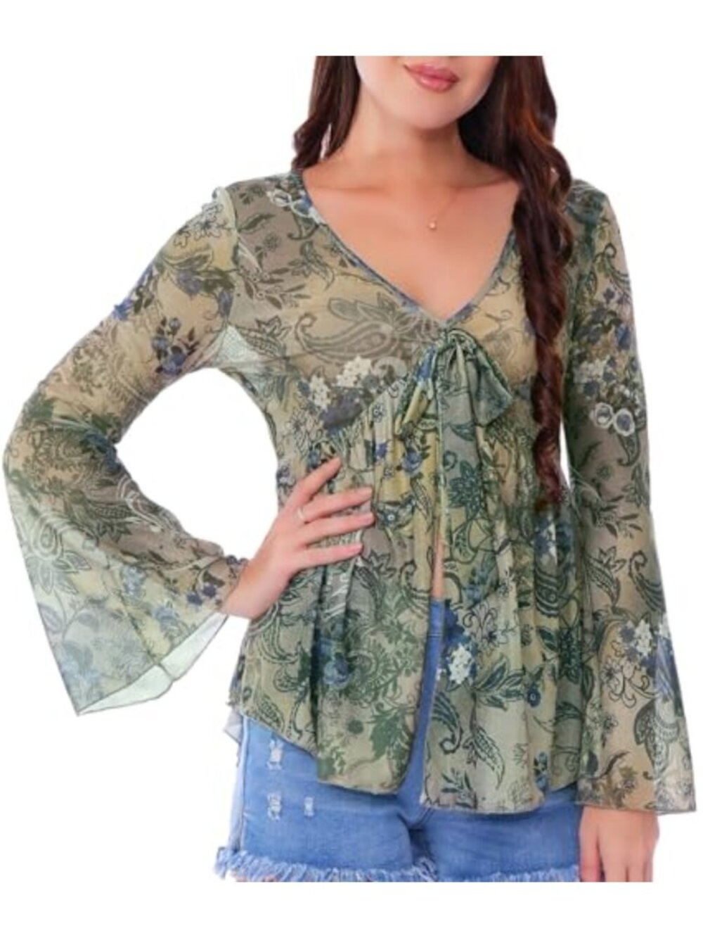 Women's Bell Sleeve V-Neck Floral Mesh Cover-Up Beach Top
